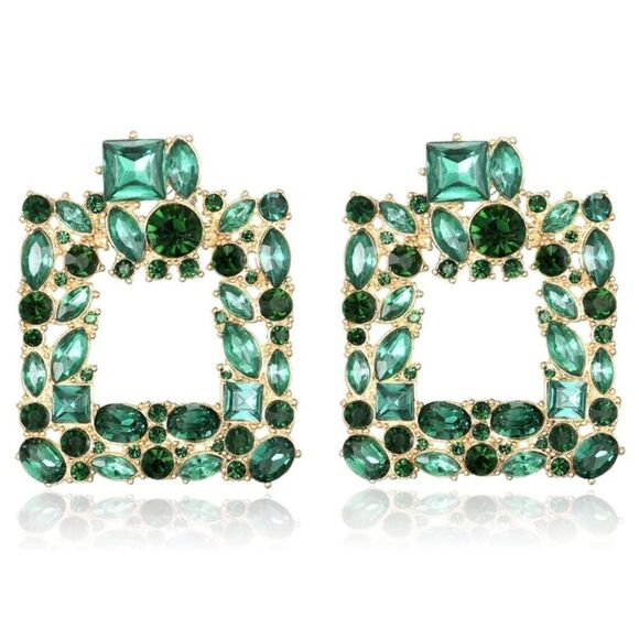 Yellow Gold with Emerald Green Crystal Geometric Square Post Back Drop Earrings